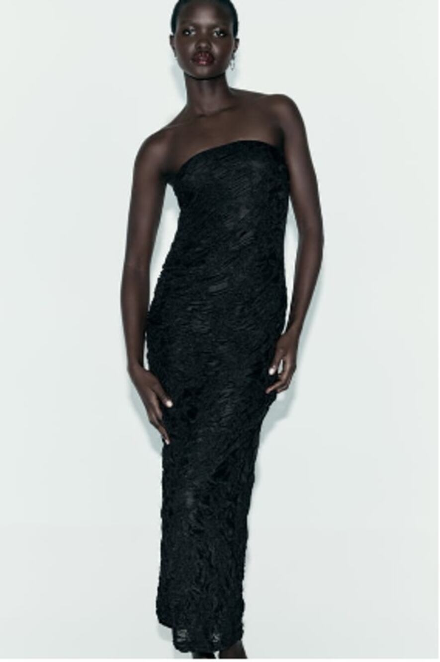 Zara Black Ruched Lace Strapless Midi / Maxi Dress Size Small